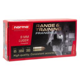 Norma Range & Training 9mm 65gr. Frangible Ammunition, 50 Round Box