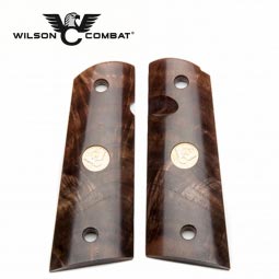 Wilson Combat 1911 Grips, Full Size, Burl Wood, Smooth, Gold Plated Medallions